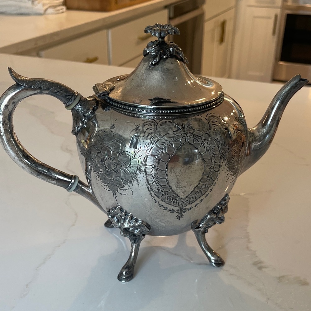 Vintage Silver Footed Teapot with 3D Floral Finial & Engravings